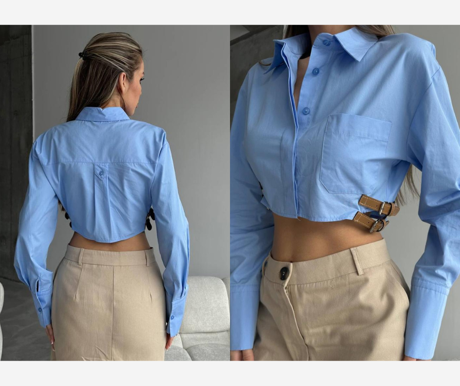 Short Sky-Blue Shirt With a Waist Belt