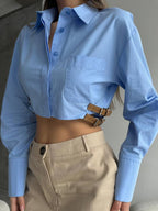 Sky Blue Cropped Shirt with Side Belt Detail