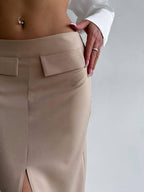 Beige Silky Maxi Skirt with Front Slit