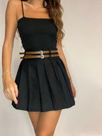 Black Pleated Mini Skirt with Double Belt
