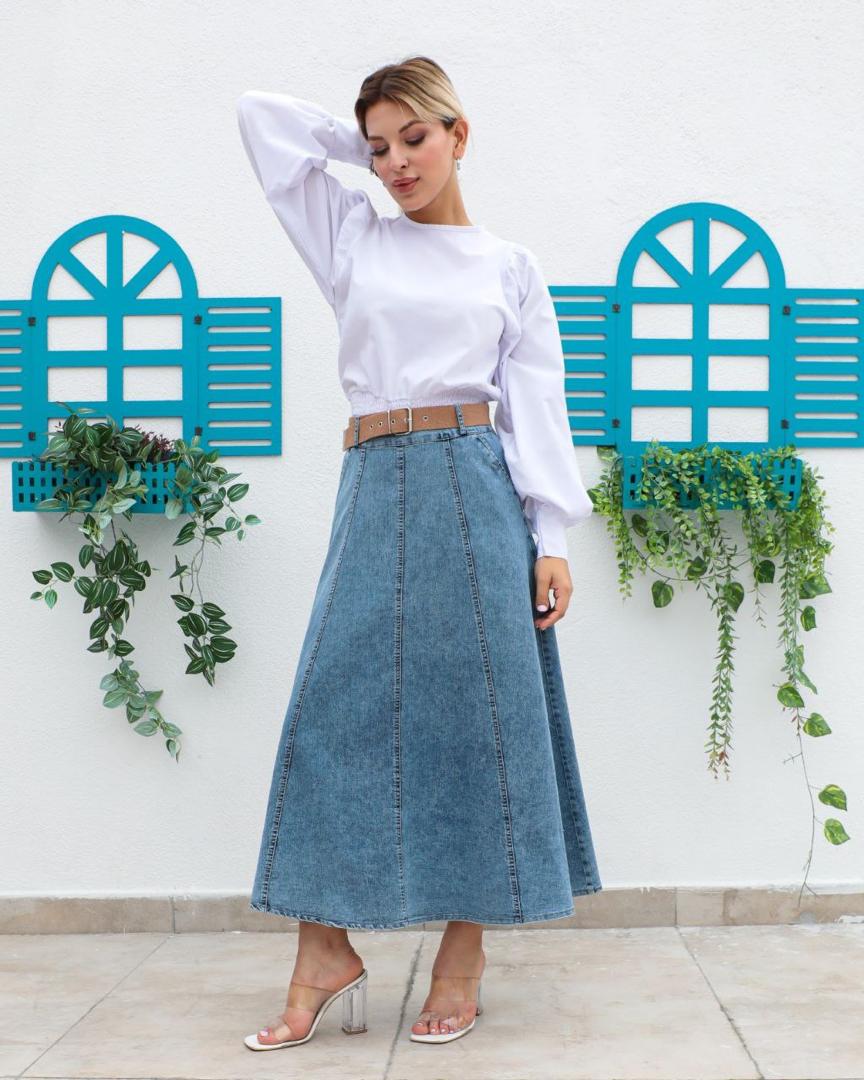 Blue Denim Skirt with Natural Woven Belt