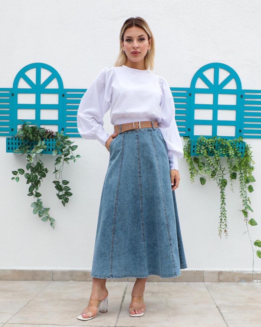 Blue Denim Skirt with Natural Woven Belt