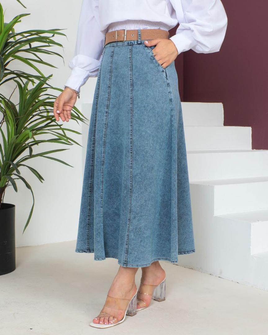 Blue Denim Skirt with Natural Woven Belt
