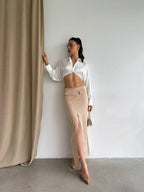 Beige Silky Maxi Skirt with Front Slit