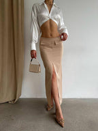 Beige Silky Maxi Skirt with Front Slit