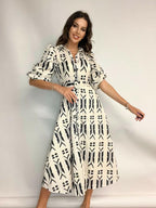 Printed Belted Midi Dress