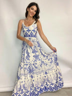 Blue & White Printed Maxi Dress